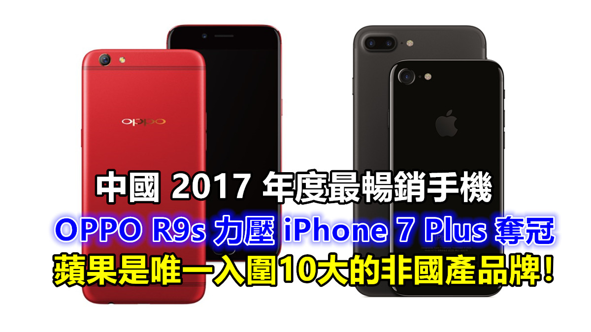 中國 2017 年度最暢銷手機：OPPO R9s 力壓 iPhone 7 Plus 奪冠；蘋果是唯一入圍10大的非國產品牌！