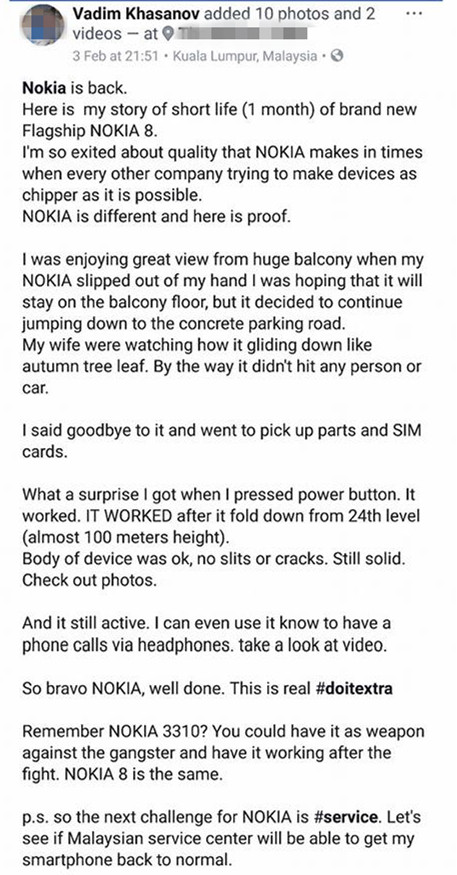 不死傳奇再延續：Nokia 8 從 24 樓高（約100米）跌下依舊可開機接聽電話；用戶直喊 「諾基亞回來了」！ 1
