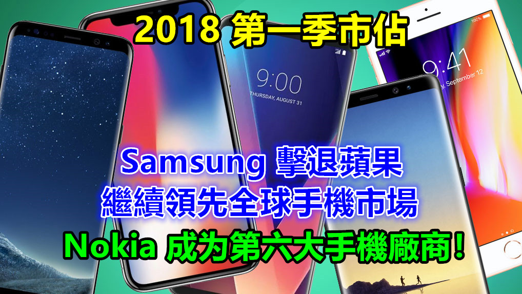 2018 第一季市佔：Samsung 擊退蘋果繼續領先全球手機市場；Nokia 成为第六大手機廠商！