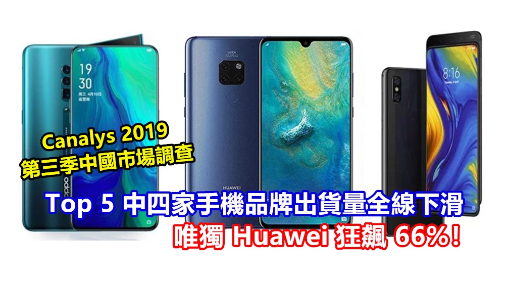 Canalys 2019 第三季中國市場調查：Top 5 中四家手機品牌出貨量全線下滑；唯獨 Huawei 狂飆 66%！