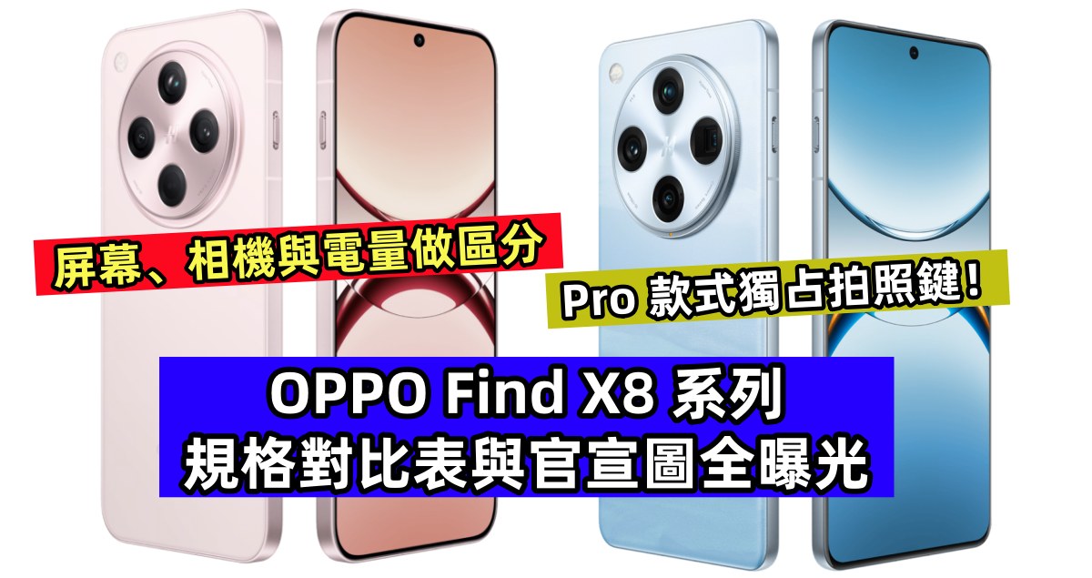 屏幕、相機與電量做區分：OPPO Find X8 系列規格對比表與官宣圖全曝光；Pro 款式獨占拍照鍵！