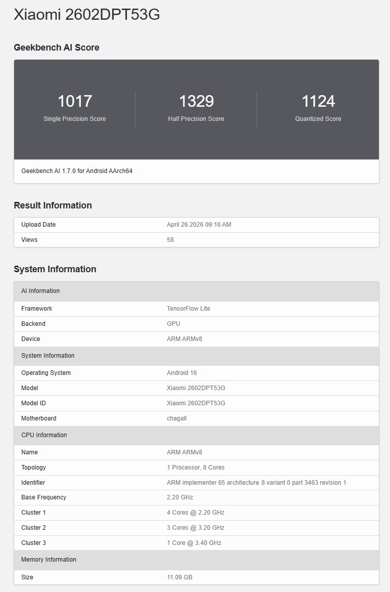 到訪 Geekebench：小米17T 處理器型號與主要規格曝光；傳將提前至5月份發佈！ 1